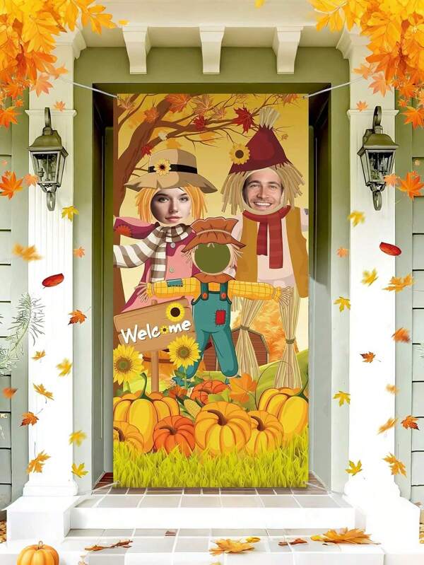 Bannière de porte d'épouvantail d'automne, accessoires photo de Thanksgiving, décorations de fête d'anniversaire d'Halloween, toile de fond de photographie de fête de la récolte, accessoire de photomaton, bannière de porte photo de citrouilles et tournesols, convient pour la décoration d'automne, fournitures de fête d'automne, décoration de ferme de campagne, décoration d'intérieur, décoration d'extérieur/intérieur, fêtes extérieures multifonctionnelles et décorations de jardin pour Thanksgiving et célébrations générales