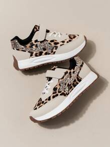 1 Pair Kids/Youth Fashionable Leopard Print Colorblock Sequin Decor Non-Slip Casual Sneakers, Suitable For Daily Wear And Sports