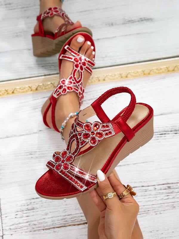 Women's New Platform Wedge Sandals - Vintage Rhinestone Elastic Band Bohemian Style Roman Shoes - Suitable For Vacation And Travel