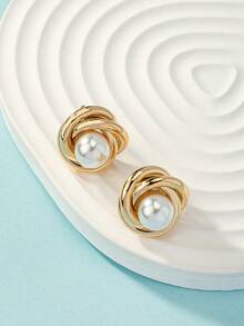 1 Pair Fashionable Retro Metal & Pearl Twist Clip-On Earrings, Gift For Dates (No Piercing Needed) - Yellow Gold - View 2