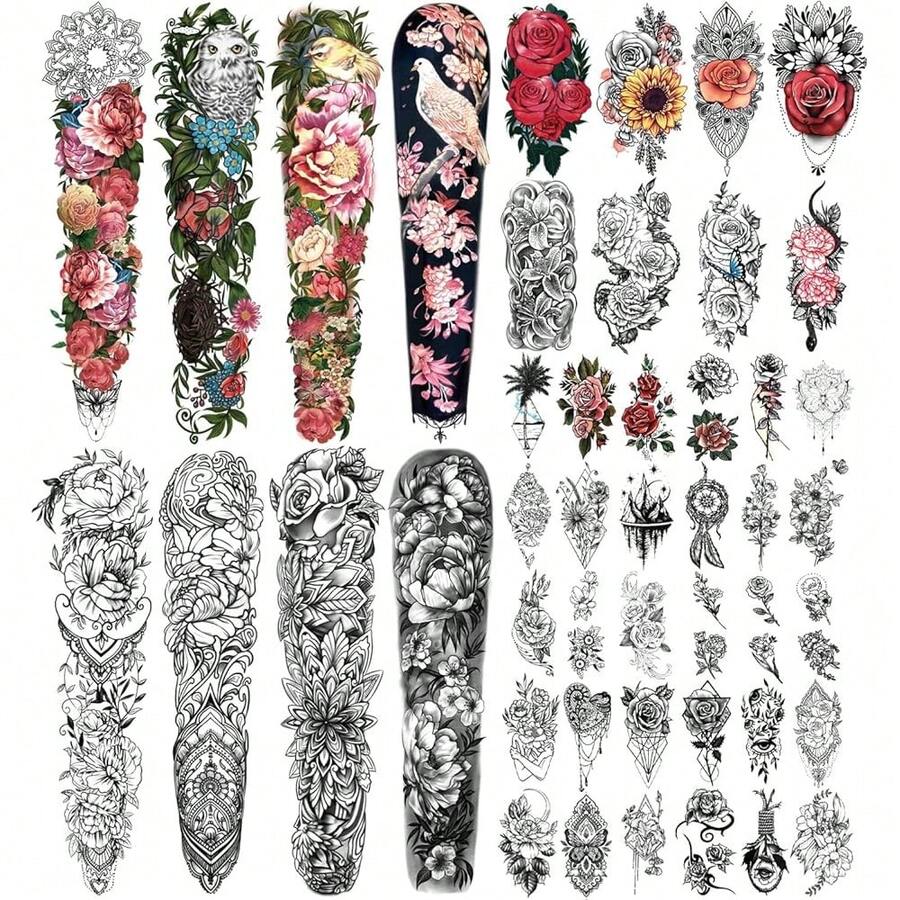 New 46 Sheet Fll Arm Temporary Tattoo For Women Peony Bir Aisy Rose Half Arm Flower Chrysanmm Temporary Tattoos For Girls Boys Long Lasting Btterfly Fake Tattoo For Yongs - Rose - 查看 1
