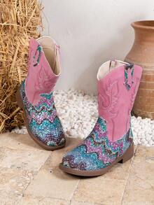 1 Pair Girls Sequin & PU Patchwork Side Embroidery Decor Vintage Western Cowboy Boots, Suitable For Vacation & Casual Daily Wear - Multicolor - View 2