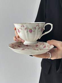1set (1 Cup + 1 Saucer) Vintage Floral Ceramic Coffee Cup And Saucer Set, Hand-Painted Pink Flower Latte Mug For Office, Home, Afternoon Tea, Gifts Back To School
