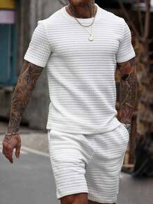 COMFYVOGUE Men's 2pcs Jacquard Small Check Padded Texture Fabric Set, Comfortable Casual Summer Men Two Pieces Sets Men Two Pieces Sets Men 2 Pieces Outfit Men Clothing Men T Shirt Co Ords Men Two Pieces Outfit - 白色 - 查看 4