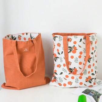 Women Canvas Tote Bag Fashion Fruit Printing Pattern Storage Shopping Handbag Reusable Foldable Grocery Totes