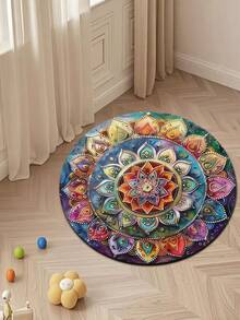 1 pieza Alfombra redonda de área con patrón bohemio vibrante, adecuada para dormitorio, decoración interior y exterior, felpudo decorativo, alfombra, decoración del hogar, alfombra de sala de estar, alfombra de dormitorio, alfombra lavable - Multicolor - Ver 4