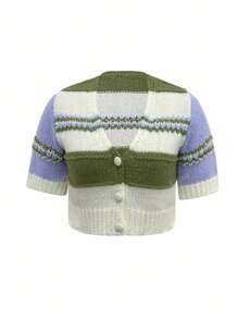 Suéter de punto a rayas con botones, de escote en V, de estilo de moda, todo a juego, contraste de color, para mujer. Chaqueta de punto abierta tipo cárdigan que deja ver el ombligo, de estilo informal y de vacaciones, de tejido de punto corto, para primavera, verano y otoño.