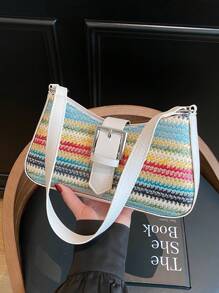 Bolso de hombro de gran capacidad con decoración de arcoíris de paja de primavera, diseño cuadrado minimalista para mujeres