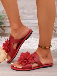 Women's Round Toe Flat Sandals With 3D Floral Decoration, Open Toe, Slip-On, Summer Vacation Style Casual Beach Shoes, Solid Color Slides - Red - View 5