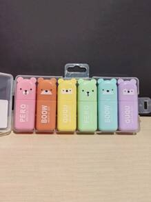 6pcs Colors/Set Cute Mini Bear Style Fluorescent Pen Macaron Color Oblique Tip Marker School Office Stationery Back To School