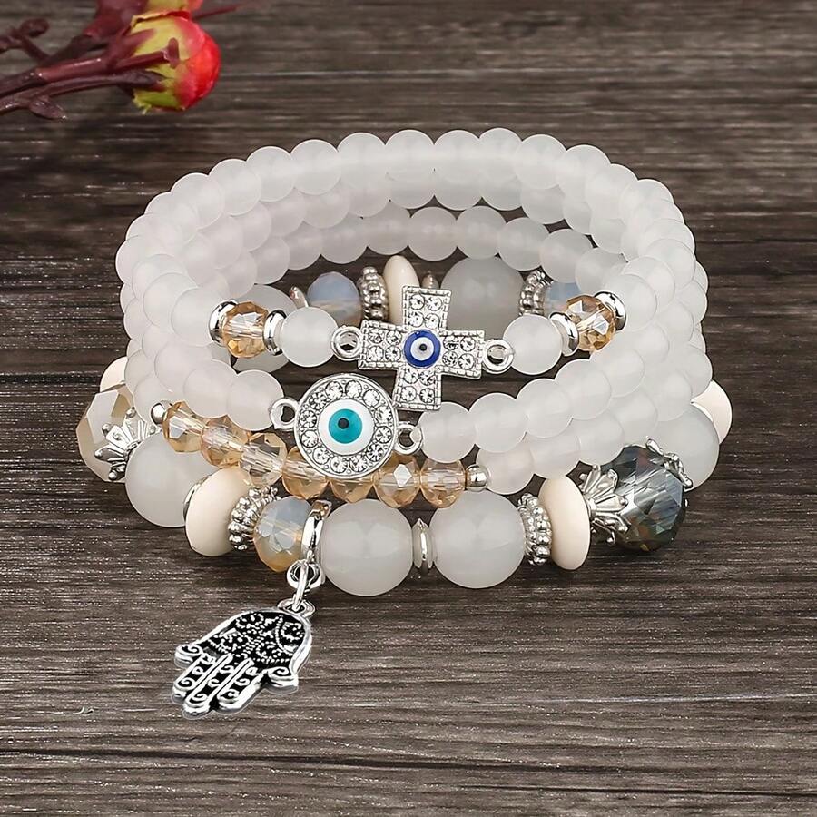4 件套波西米亚风格恶魔之眼、棕榈、十字架手链，可堆叠多色可调节缠绕手链，适合春夏季