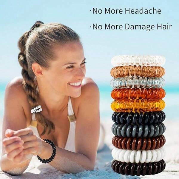 4pcs Women Coil Hair Tie Spiral Hair Ties, Plastic Phone Cord, Casual Ponytail Holder Hair Accessories, Colors: Brown/Transparent, Suitable For All Seasons, Hair Tie ,Hair Accessories, Ponytail Holders, Hair Elastics, Hair Rubber Bands