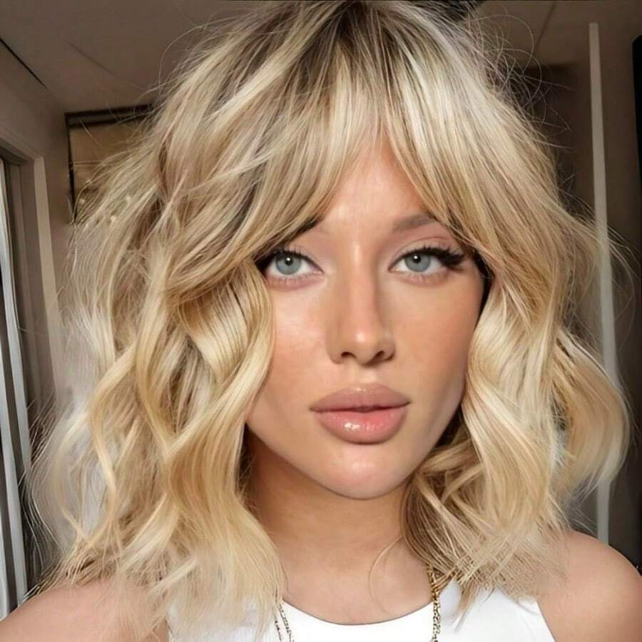 Short Light Blonde Bob Wigs For WomenSynthetic Wavy Curly Hair Wig With Bangs For Daily01 - Blonde - View 1