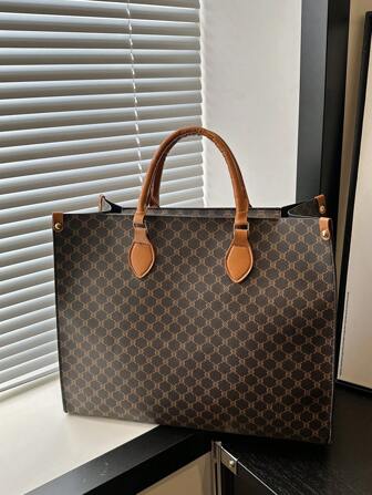 2025 New Retro Print Large Capacity Tote Bag, Fashionable Simple Commuter Handbag For Women