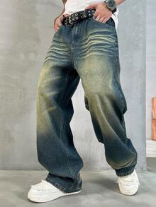 HEHCN 男士复古水洗宽松直筒阔腿牛仔裤，百搭 Y2K 美式街头风格牛仔裤，适合送给丈夫或男朋友