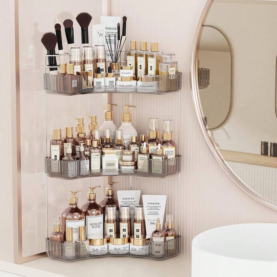 3-Tier Corner Bathroom Counter Organizer With Top Toothbrush Holders,Large Makeup Organizer Countertop With Brush Holder,Skincare Organizers Corner,Exquisite Vanity Organizer (Gray, 3 Tier) - Dark Grey - View 1
