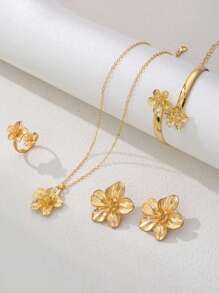 5pcs Vintage Golden Flower Pendant Necklace Bracelet Ring Earrings Jewelry Set