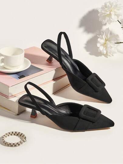 女士新款夏季麂皮通勤鞋，百搭舒适，露趾小猫跟鞋，装饰搭扣设计，低跟不累脚