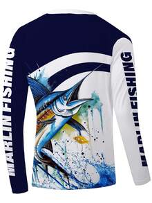 男士海洋图案印花长袖T恤，速干圆领，适合钓鱼、徒步旅行和其他户外活动，秋季款 - 彩色 - 查看 2