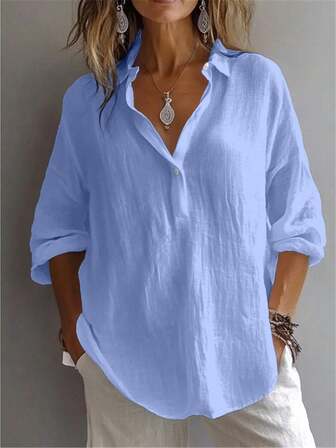 Women's Plus Shirt Solid Color Daily Casual Long Sleeve Bishop Sleeve Shirt Collar Regular Tops Daily Patchwork Buttons