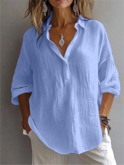 Women's Plus Shirt Solid Color Daily Casual Long Sleeve Bishop Sleeve Shirt Collar Regular Tops Daily Patchwork Buttons