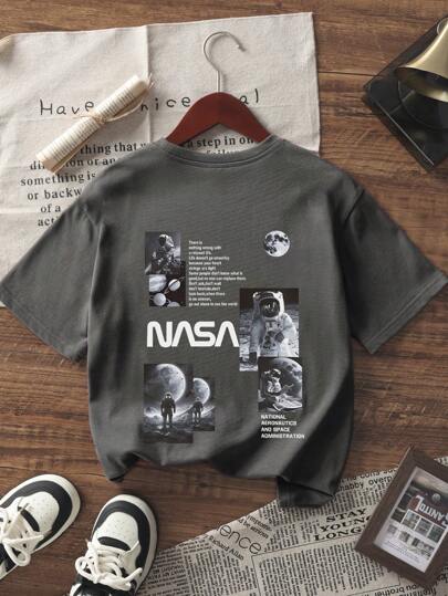 Tween Boys 1pc Space & Airplane Print Short Sleeve Crewneck T-Shirt, Summer Tops For Young Students
