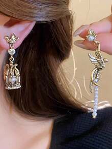1 Pair Vintage Asymmetric Bird Cage Faux Pearl Earrings, Suitable For Any Occasion