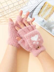 1双幼儿男女通用猫爪爱心图案保暖半指毛绒手套，适合秋冬季户外佩戴 - 粉色 - 查看 2