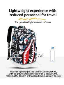 大容量鲨鱼设计背包，学生简约个性化休闲背包，夏季轻便透气印花背包