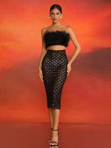 Love Aing Nouveau ensemble de 2 pièces, top court sexy sans manches et jupe en fausse fourrure, convient pour les banquets, les fêtes et les cocktails - Noir - Voir 4