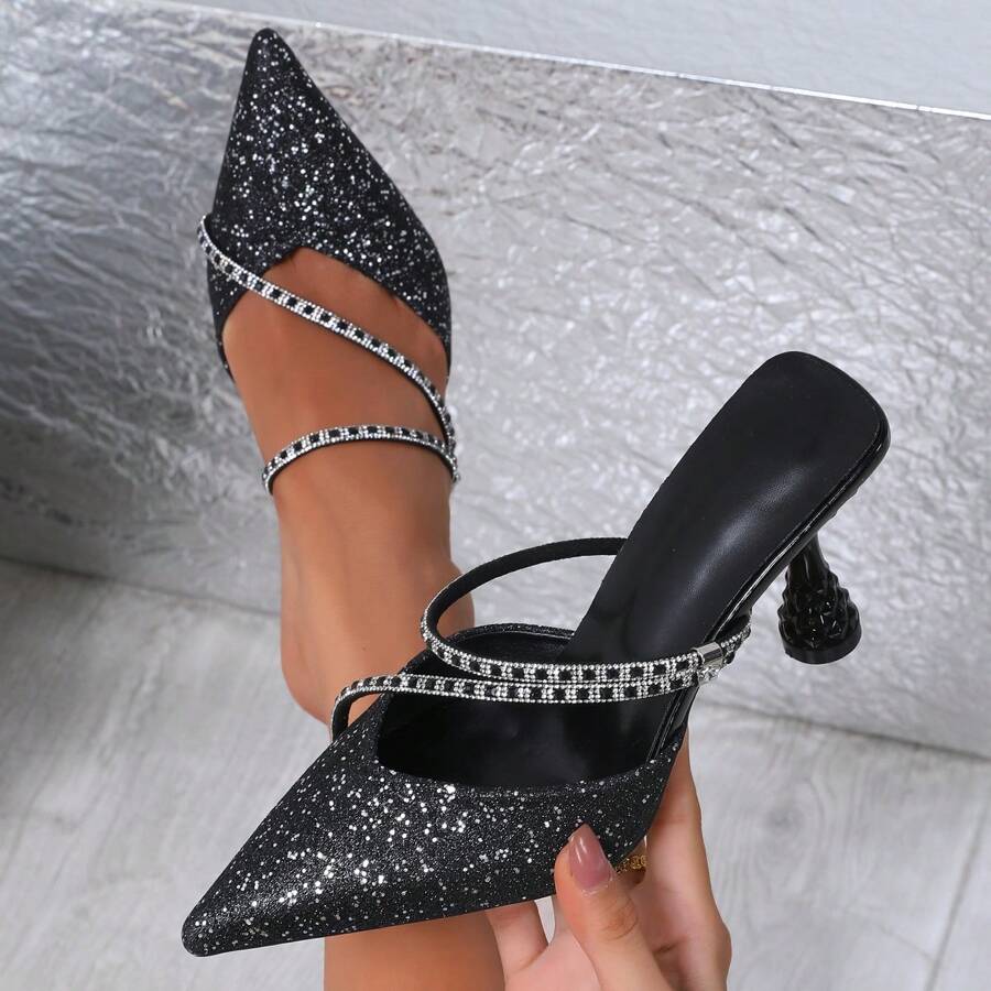 Spring/Summer Pointed Toe Rhinestone Sequins Stiletto High Heel Mule Sandals, Slip-On Party Rhinestone Embellished High Heels For Women