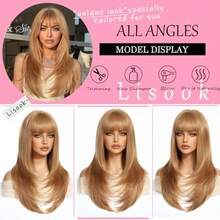 Strawberry Blonde Wig With Bangs Long Straight Wigs For White Women Layered Wig Synthetic Natural Hair Wigs For Women Hair Replacement Wig Realistic For Cosplay Holiday Daily Party Use 24 Inch01 - Blonde - View 3