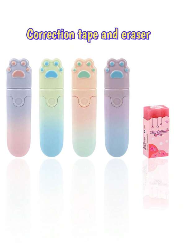 1pc Cute Cat Paw Correction Tape With Gradient Color Modification Tape, Large Capacity Correction Tape And Cherry-Flavored Inner Core Eraser For Error Correction. Suitable For School Offices, Study And Office Use.,School Supplies,Back To School