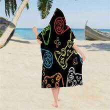 1 Pc Gamer Theme Microfiber Hooded Beach Towel - Vibrant Game Controller Design, Soft & Durable Polyester Bath Robe, Suitable For Swimming, Travel And Beach Vacation - Multicolor - View 5