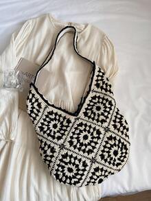 حقيبة يد كبيرة السعة من النساء، منسوجة باللونين متباينين، مفرغة وبتصميم عصري لشاطئ وعطلة