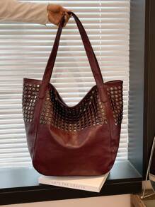 Dedoo Geantă de mână din piele moale 2024 nouă, geantă Joker, geantă de umăr simplă, design cu nituri, capacitate mare, geantă mare de damă, cumpărături, serviciu. Convenabilă pentru călătorii, suprafață lucioasă, imprimeu leopard