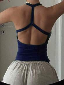 1pc Solid Color Knit Backless Twist Back Tank Top, Everyday & Homewear, All Season Casual Summer - Navy Blue - View 2