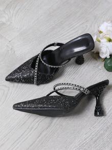 Spring/Summer Pointed Toe Rhinestone Sequins Stiletto High Heel Mule Sandals, Slip-On Party Rhinestone Embellished High Heels For Women