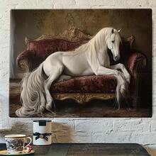 Afiche de lona plana de 2D, 1 pieza, con marco de madera, un caballo blanco tumbado en un elegante sofá, póster decorativo de estilo moderno para habitación moderna, dormitorio y decoración de interiores, decoración de pared - Multicolor - Ver 2