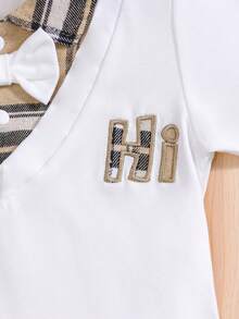 2 件套格子图案刺绣泰迪熊下摆二合一紧身衣 + 格子裤，学院风，秋季/春季 - 卡其色 - 查看 5