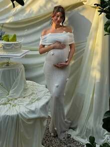 3D Floral Off Shoulder Dress Woman Strapless Pleated Solid Color Robes Sleeveless Elegant Fashion Slim Women's Long Maxi Dress - 綠色 - 查看 6