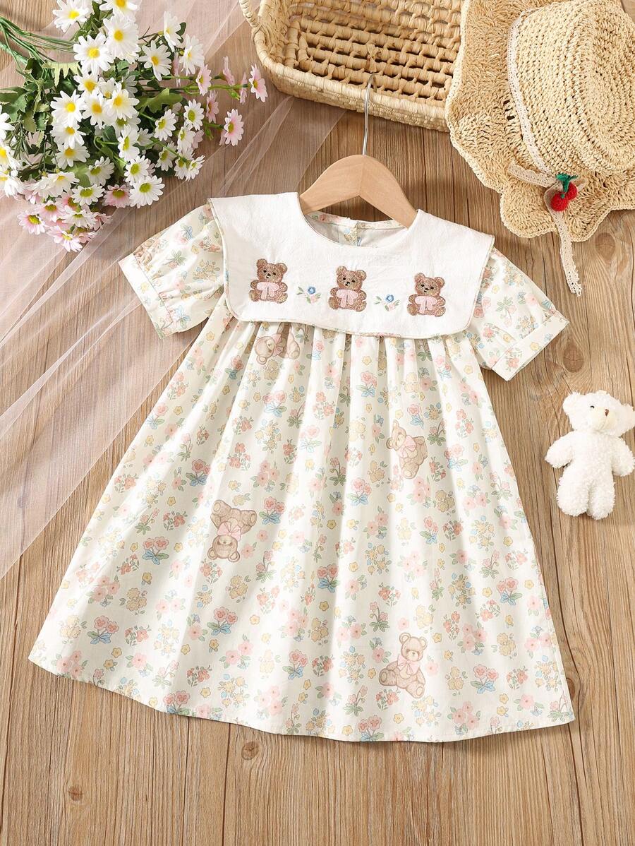 Girl Summer Dress With Bear Embroidery, Short Sleeve Peter Pan Collar Knee Length, Sweet Young Lady Style