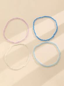 12pcs Glow In The Dark Beaded Anklets, Colorful Elastic Anklets Suitable For Women's Daily And Beach Outfits - Multicolor - View 4