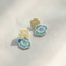 1 Pair Elegant Yellow & Green Floral Doodle Acrylic Drop Earrings, Women Holiday Party