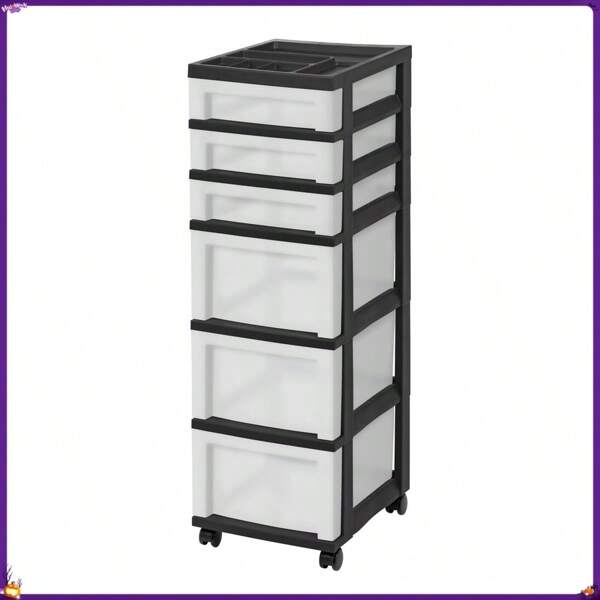 6-Drawer Plastic Storage Cart With Organizer Top And Wheels, Clear/Black