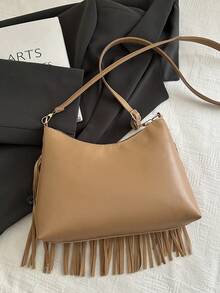 1pc Khaki PU Smooth Zipper Fringe Rivet Decorated Fashion Casual Crossbody Bag, & Versatile For Women Everyday Use, Summer New Arrival - Khaki - View 6