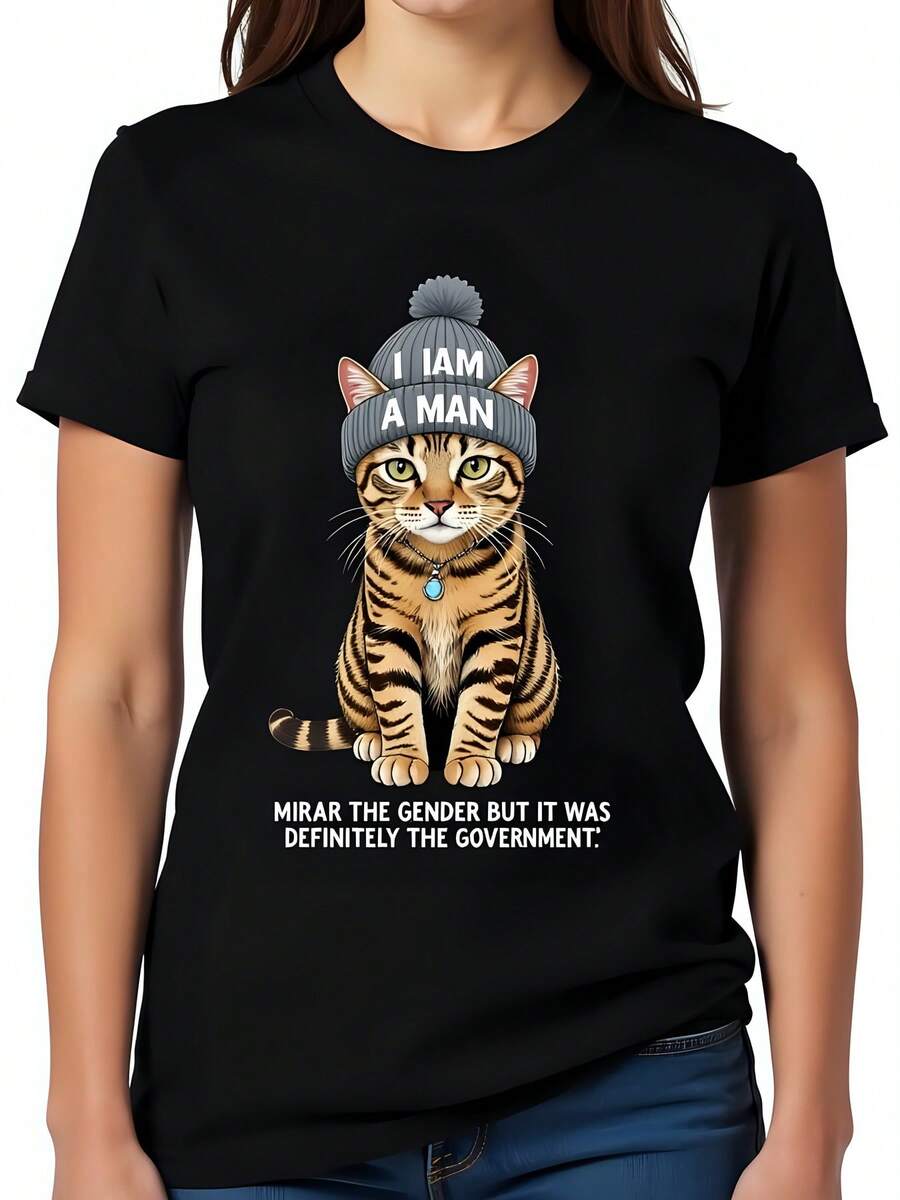Camiseta negra de algodón 180g para mujer con estampado divertido de gatito con gorro y texto I Am A Man ideal para looks casuales frikis estilo urbano cuello redondo manga corta camiseta - Negro - Ver 1