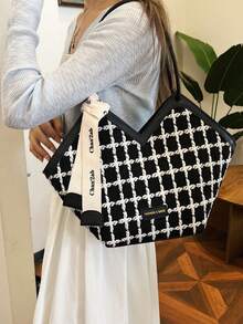 Women's Fashion Solid Color Large Capacity Shoulder Tote Bag With Scarf Gift, Suitable For Shopping, Wallet, Retail, Young Women, College Students, White Collar. Ideal For Office, University, Work, Business, Commute, Outdoor Activities, Travel And Picnic , Office , Valentines Gifts , Beach - Black - View 3