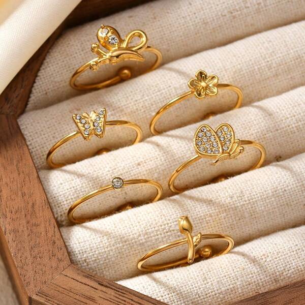 Gouden ring met synthetische zirkonia, bloem en vlinder - modieuze, creatieve ring van roestvrij staal, verkleurt niet in de zomer, delicate, open, verstelbare ring, veelzijdige, slanke ring om de vinger, eenvoudige, gouden knokkelring voor vrouwen, cadeau voor vriendin, beste vriend(in), moeder, Halloween