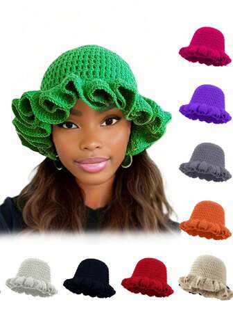 1pc Solid Color Hand-Knitted Crochet Cap, Bohemian Style Pleated Floppy Hat With Ruched Brim, Casual Cute Retro Street Fashion Polyester Knit Bucket Hat